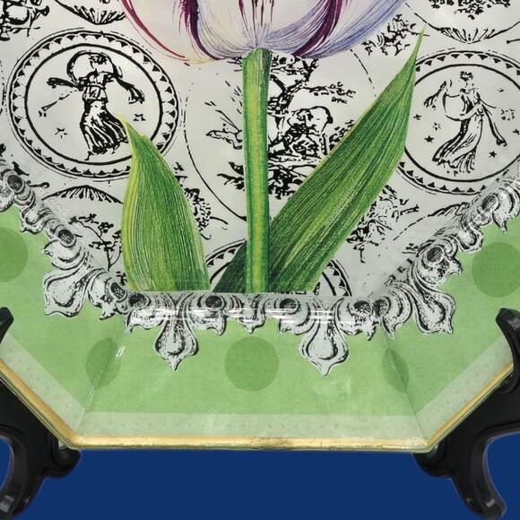 Moonlighting Interiors Vintage Art Nouveau French Decoupage Green Plate Tulip - Picture 7 of 10